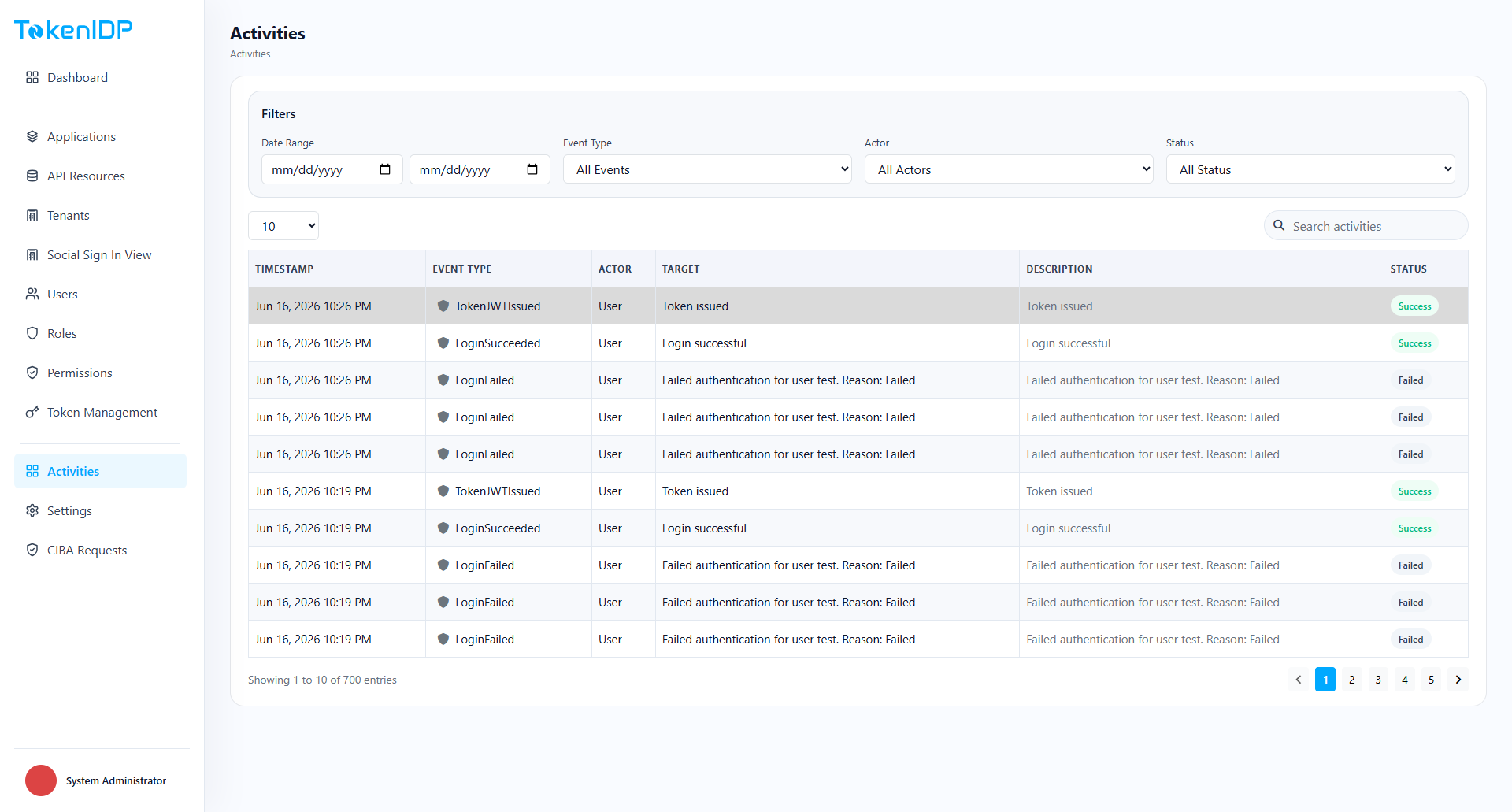 Admin activities screenshot