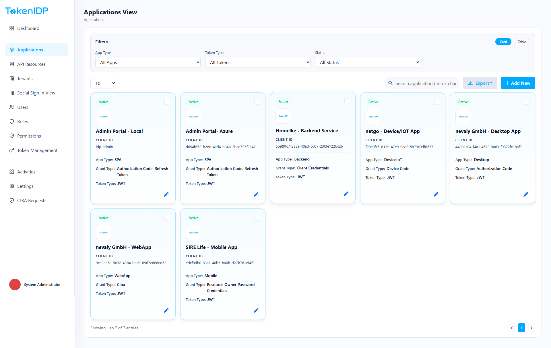 Admin applications screenshot