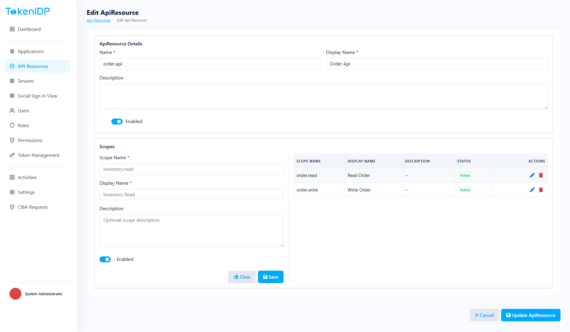 Edit API resource settings