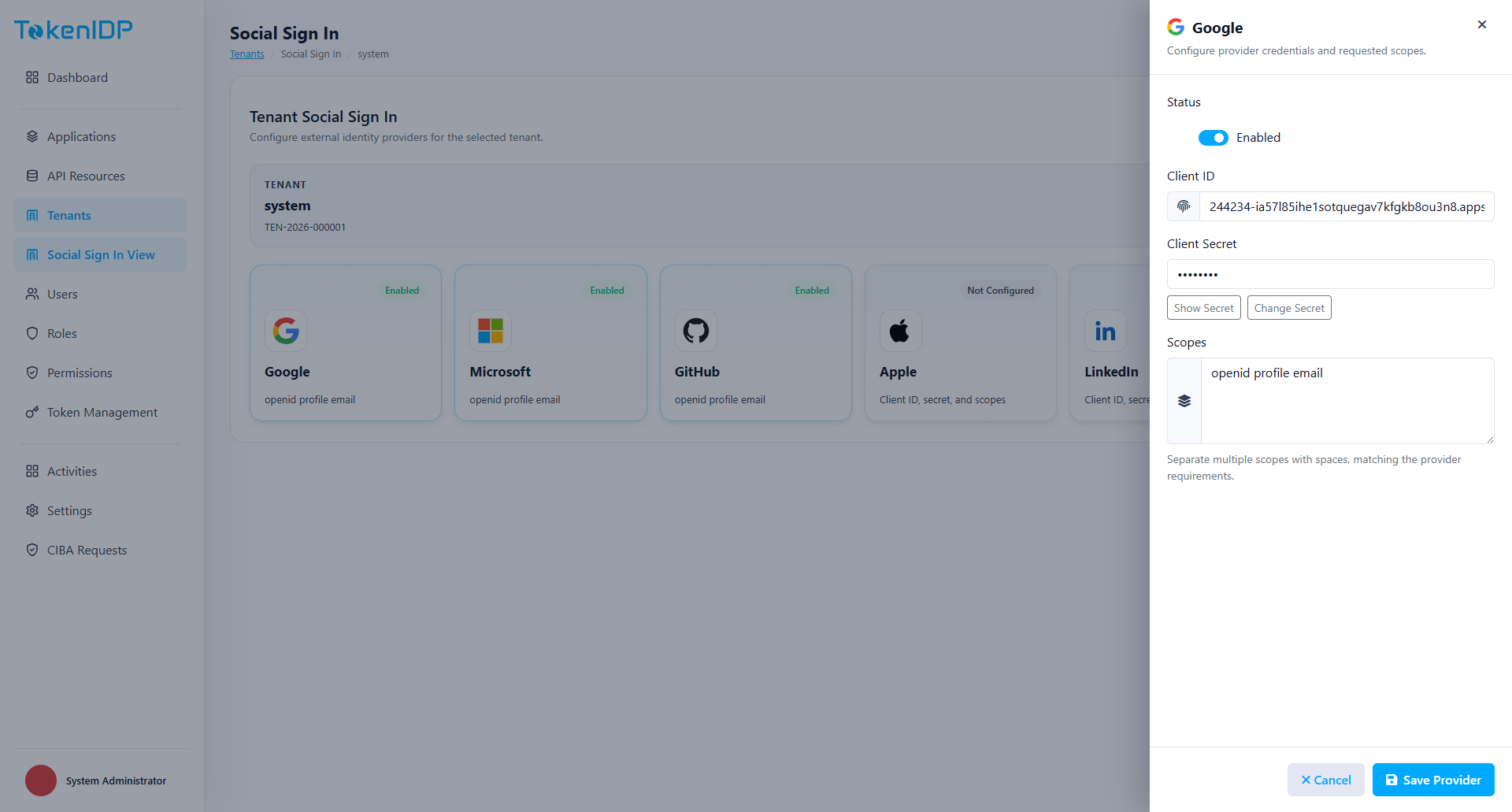 Edit social sign-in provider