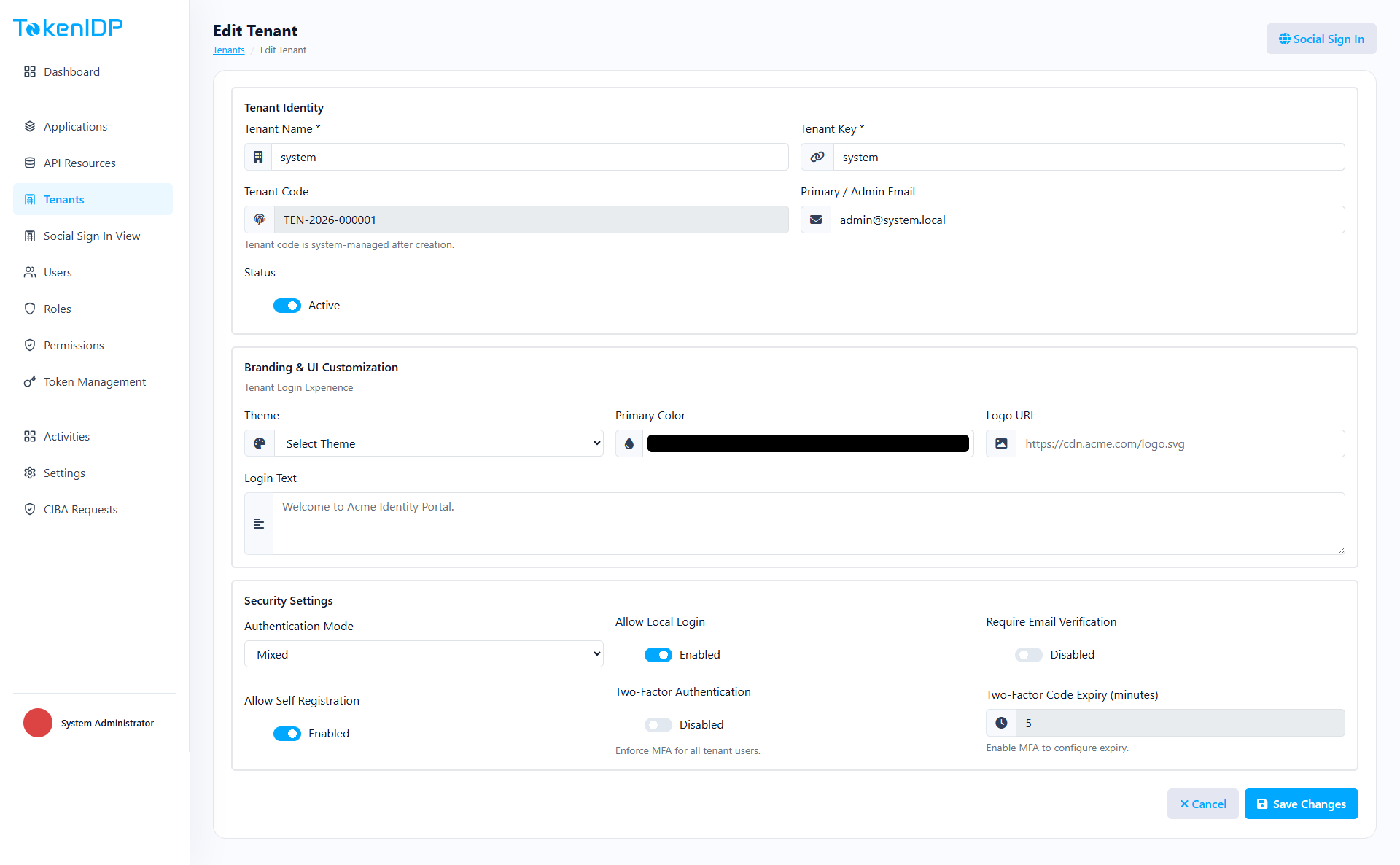 Edit tenant settings