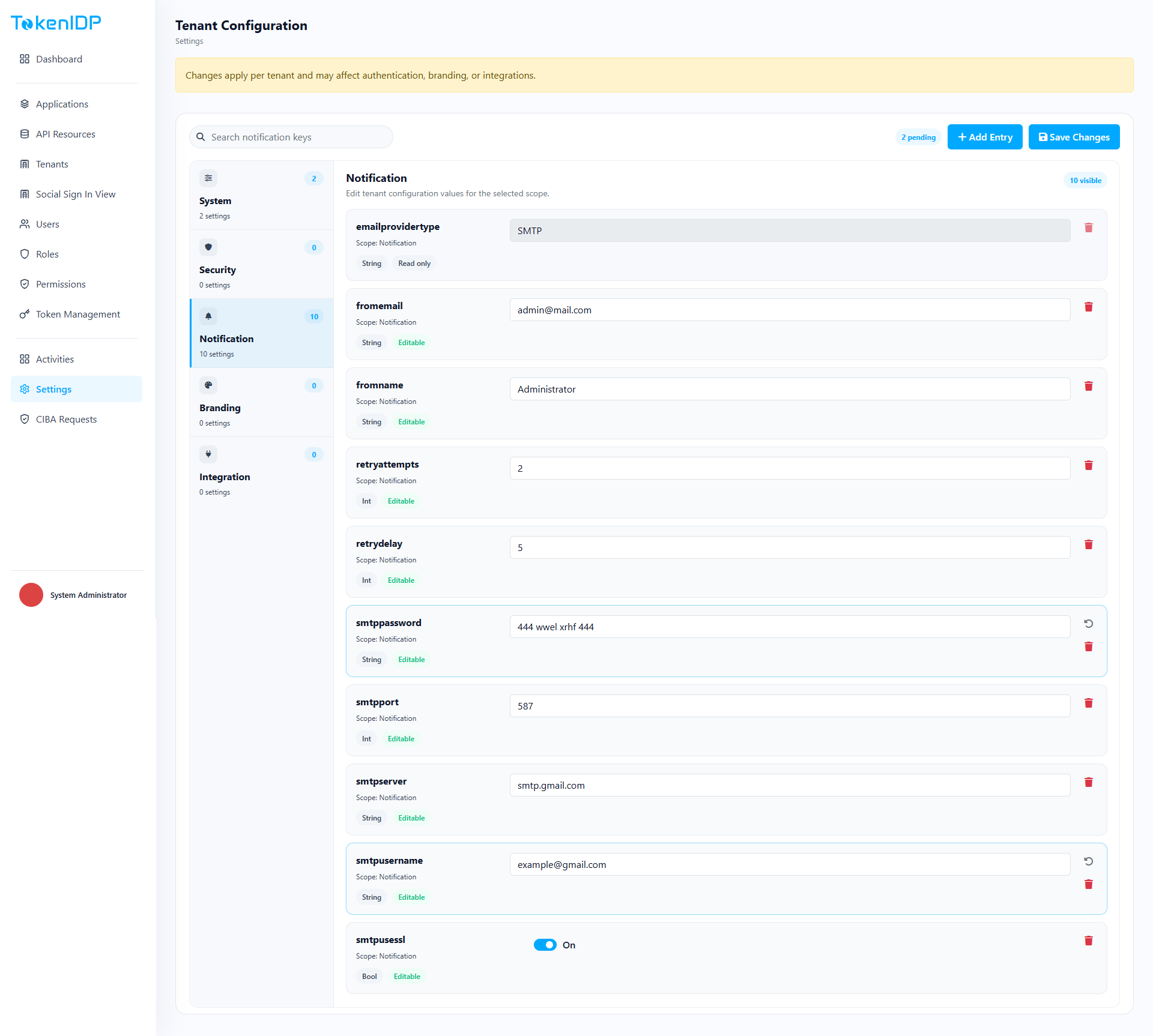 Admin settings screenshot