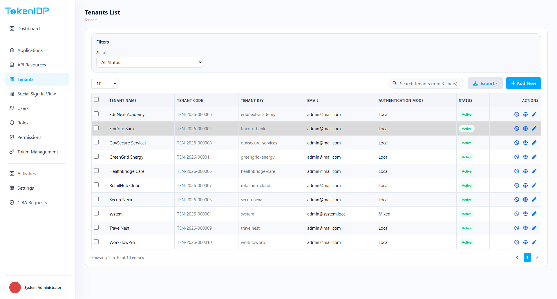 Admin tenant management screenshot