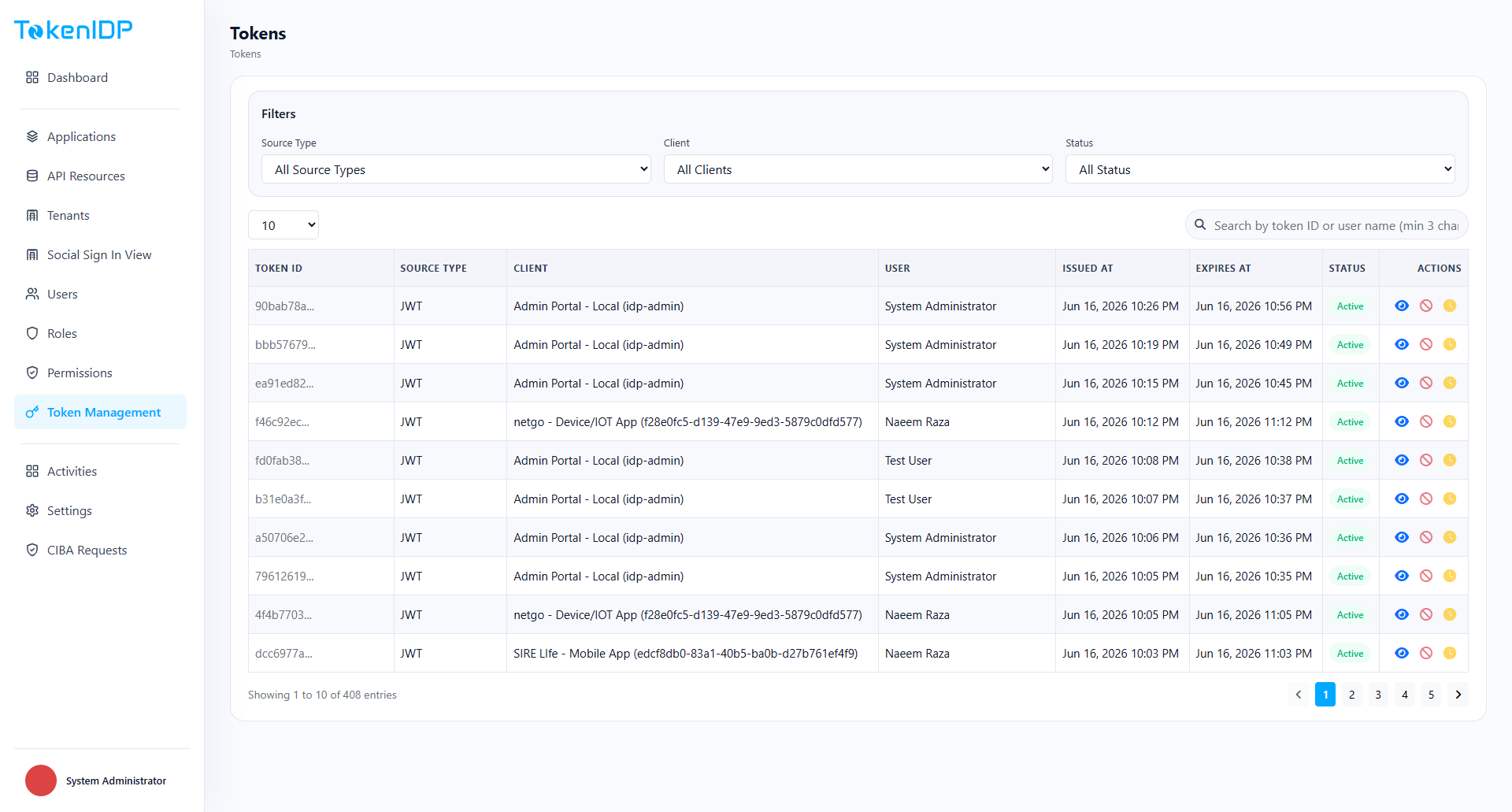 Admin token management screenshot